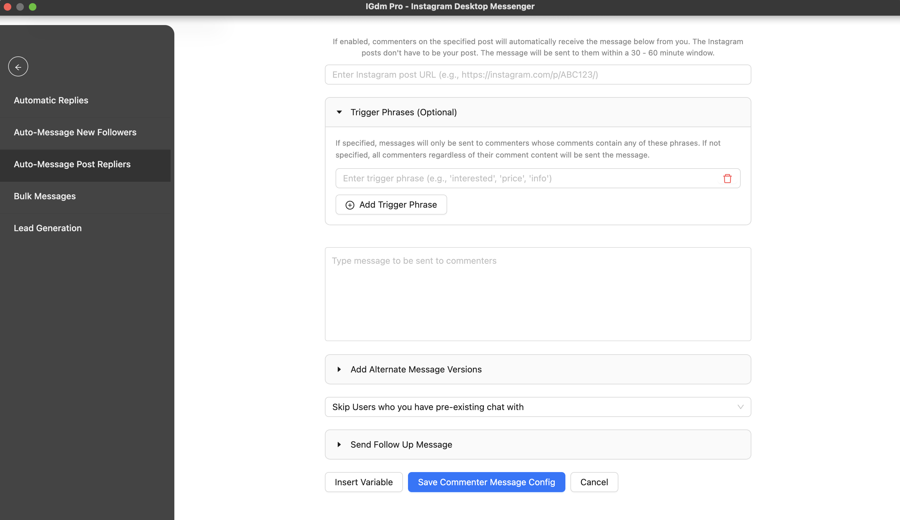 Empty IGdm Pro commenter auto-DM configuration form