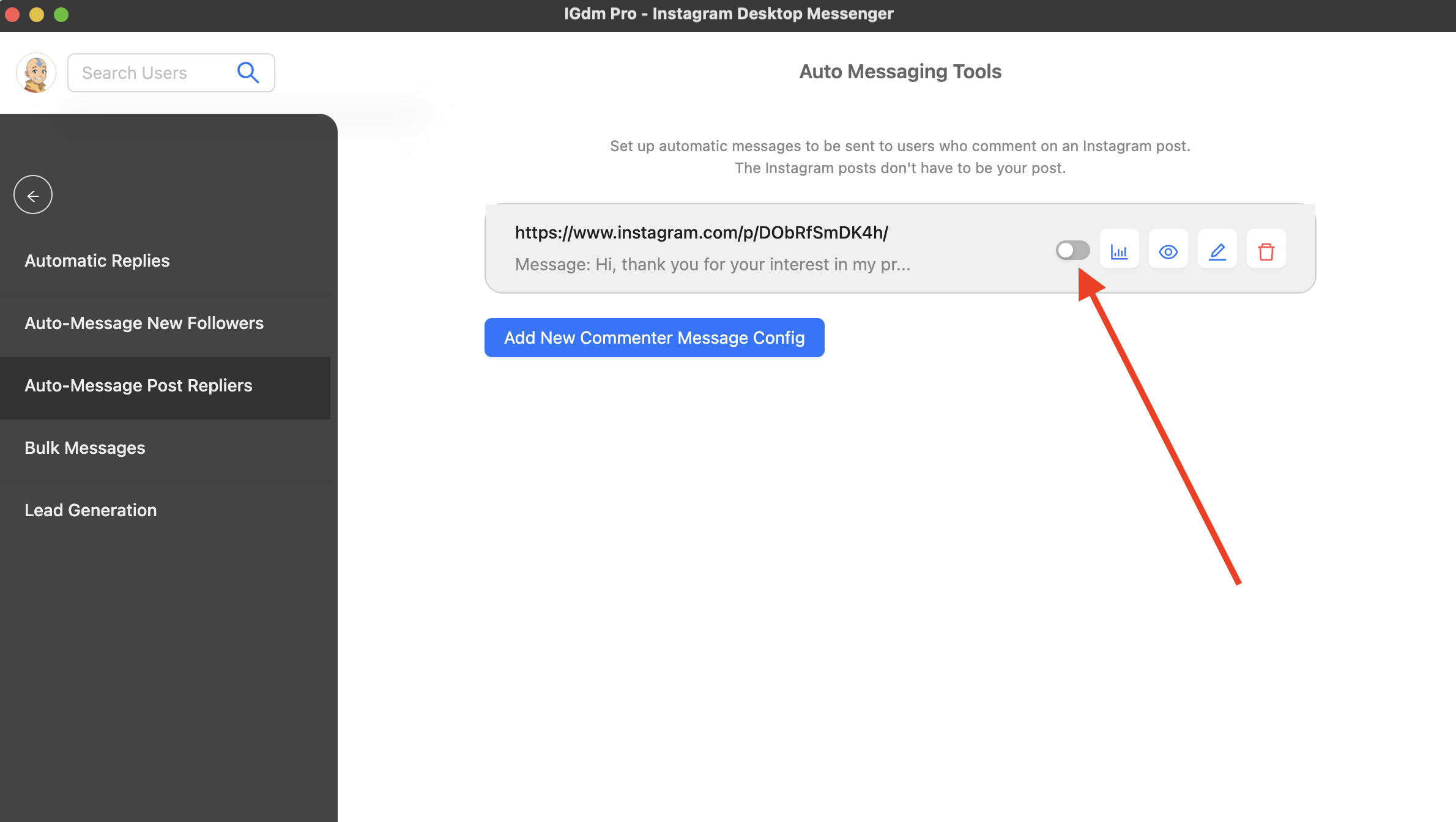 IGdm Pro commenter auto-DM activation toggle